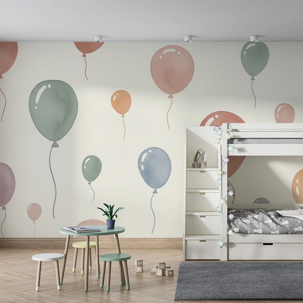 Papier de parede quarto bebê | Balões coloridos flutuando em um fundo suave