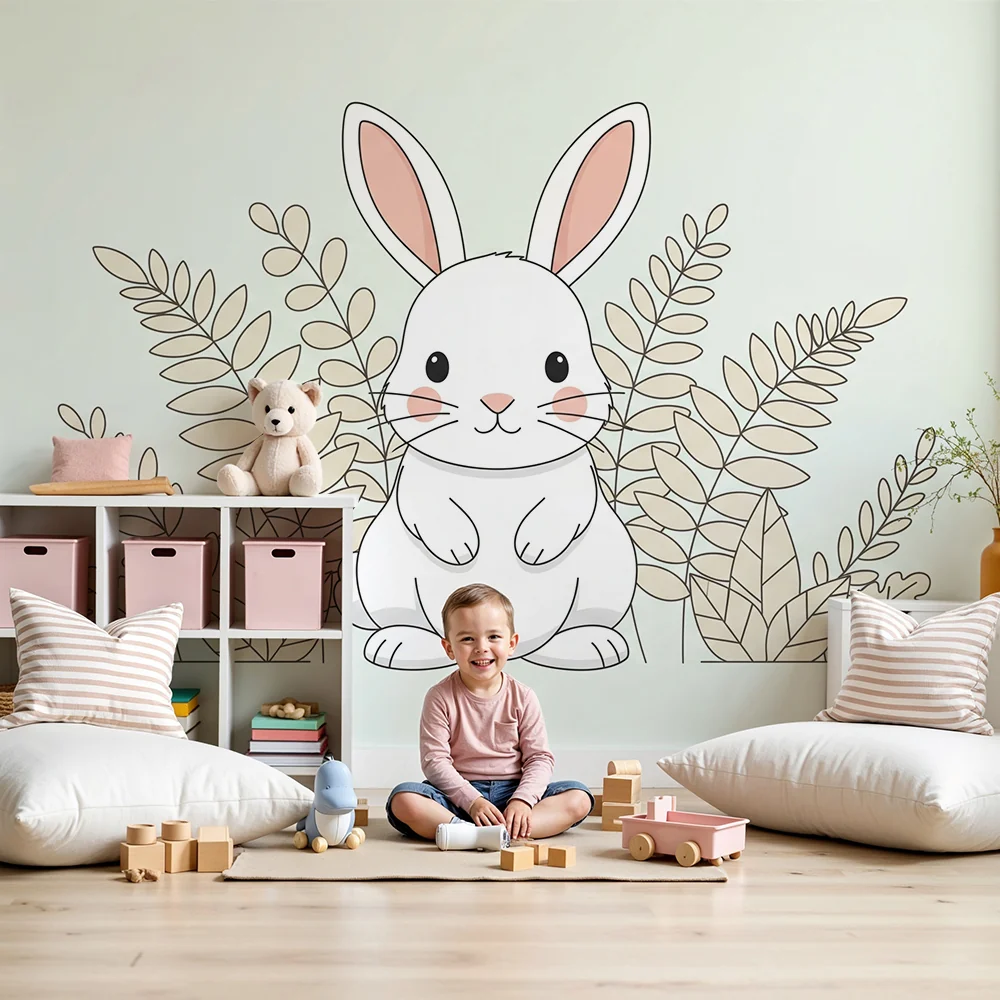 Papier de parede quarto bebê | Bonito coelho cercado por folhagem delicada