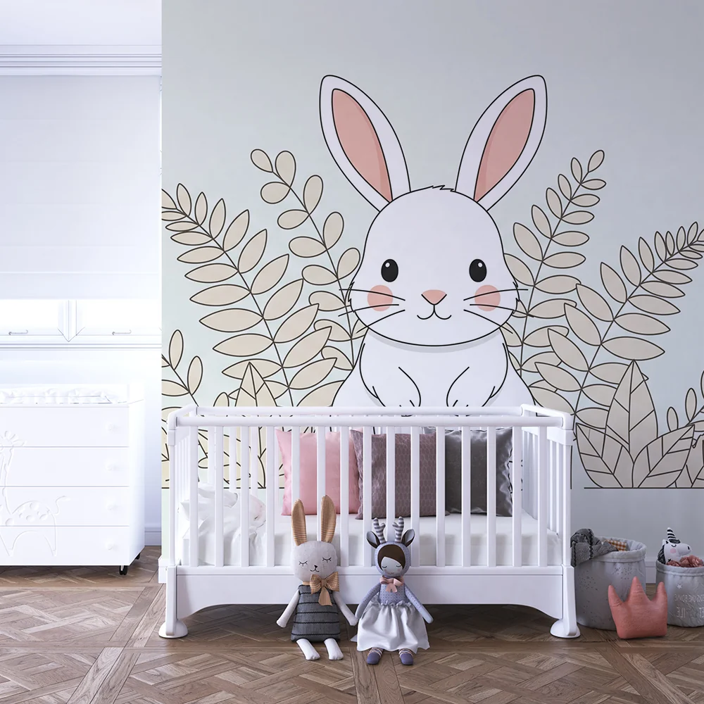 Papier de parede quarto bebê | Bonito coelho cercado por folhagem delicada