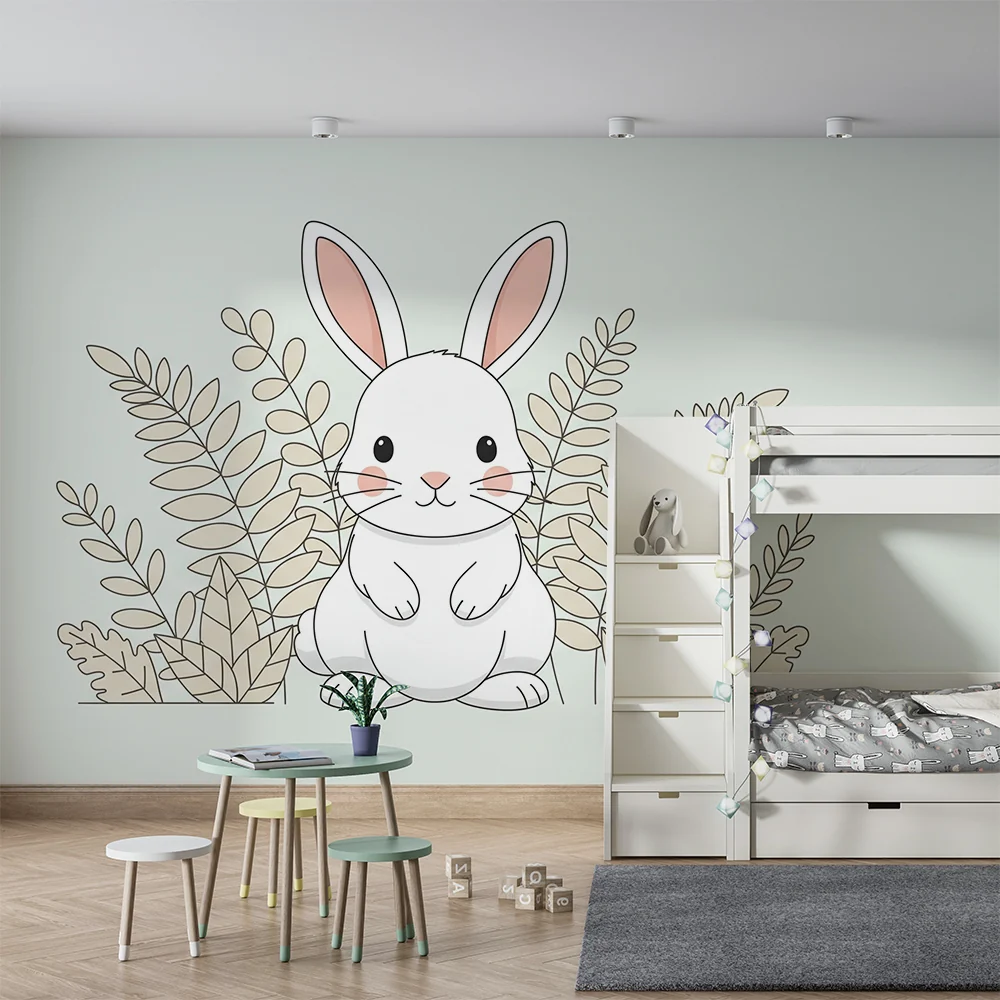 Papier de parede quarto bebê | Bonito coelho cercado por folhagem delicada