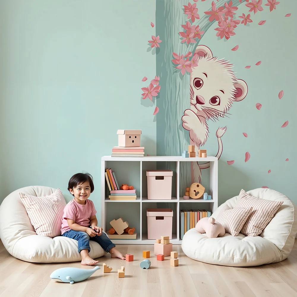 Papier de parede quarto bebê | Curioso leãozinho atrás de uma árvore florida