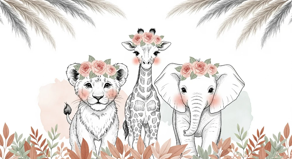 Papier de parede quarto bebê | Cute animals flower crowns