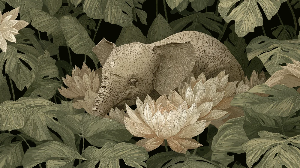 Papier de parede quarto bebê | Elegante elefante entre flores de lótus e folhagem exuberante