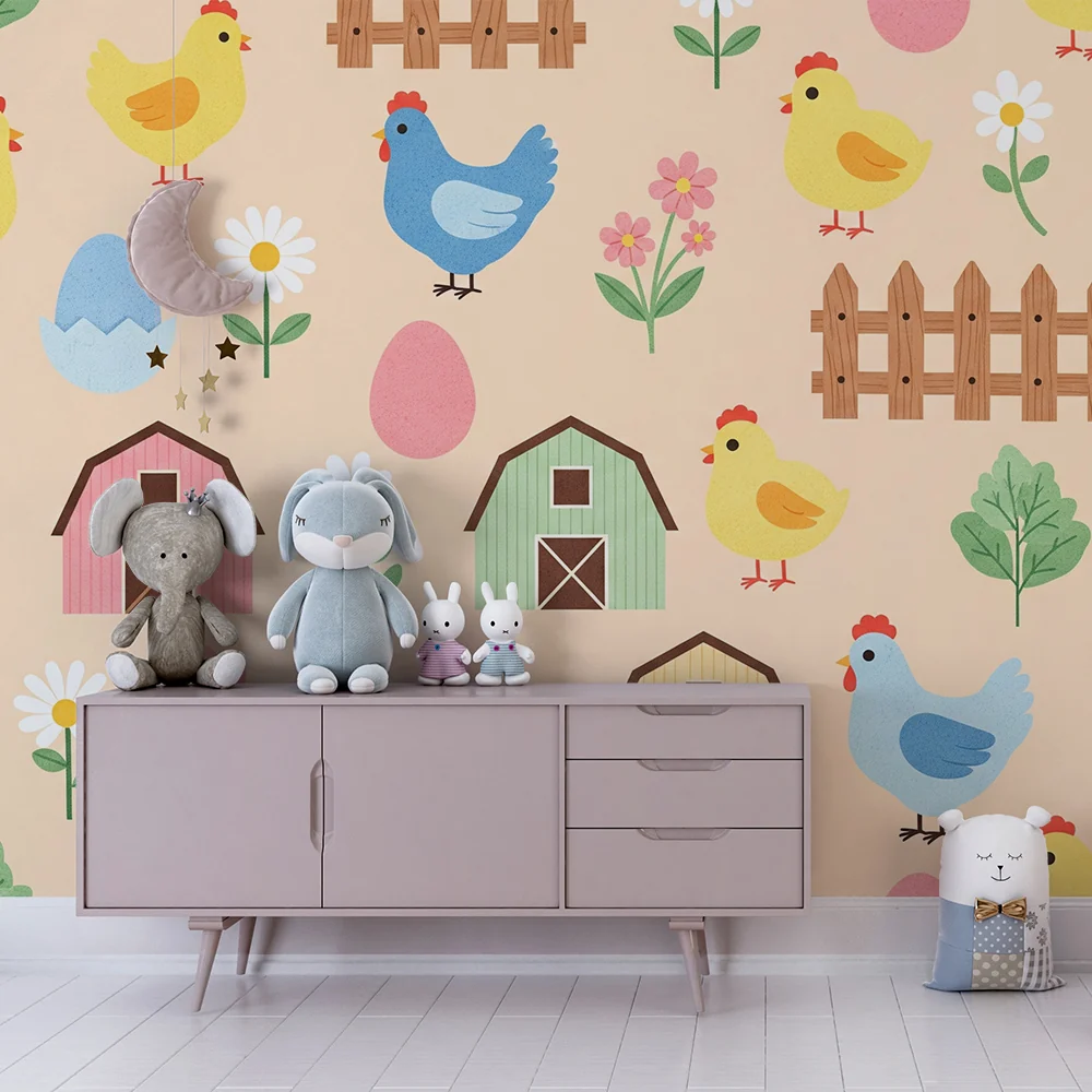 Papier de parede quarto bebê | Encantadoras galinhas e fazenda colorida em fundo suave