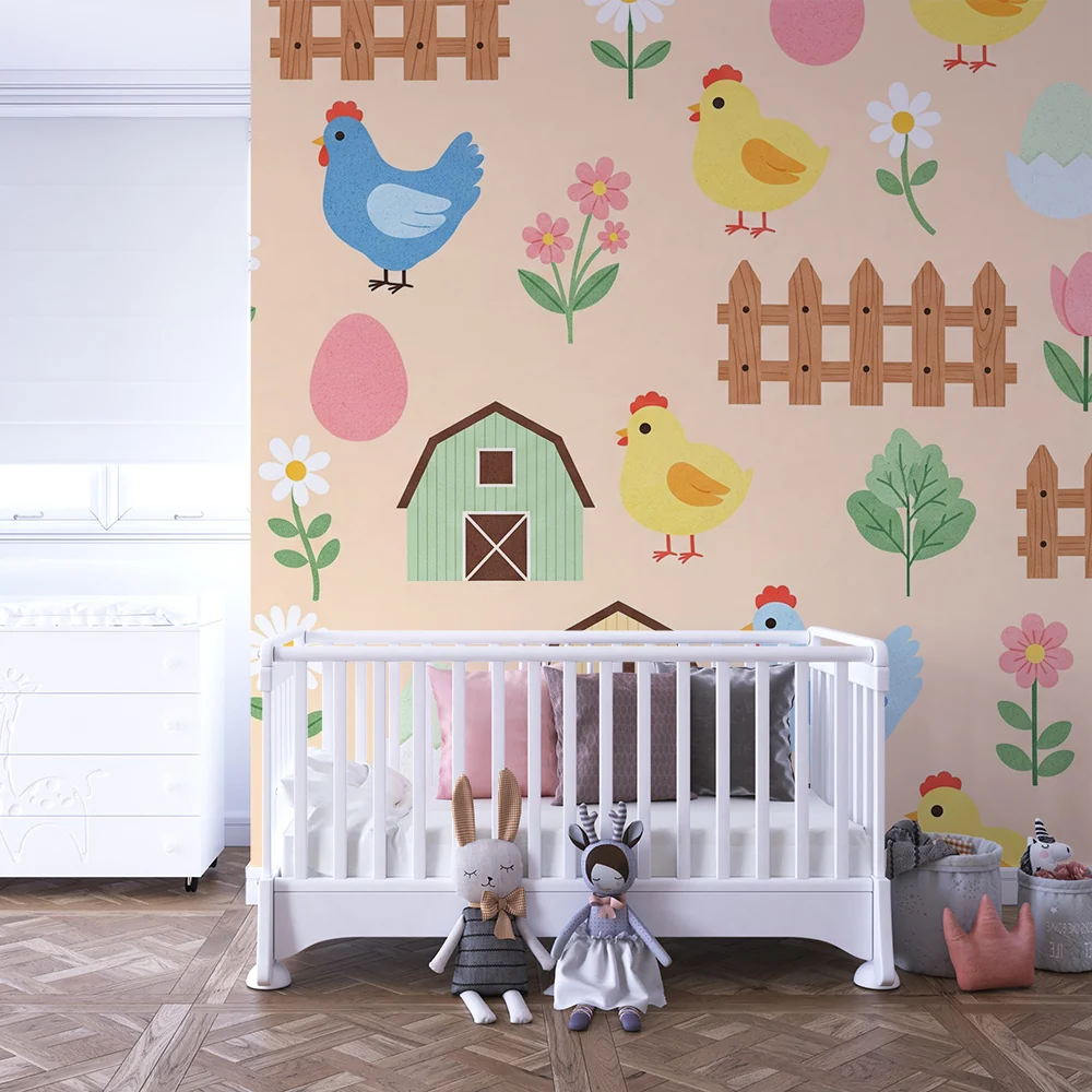 Papier de parede quarto bebê | Encantadoras galinhas e fazenda colorida em fundo suave