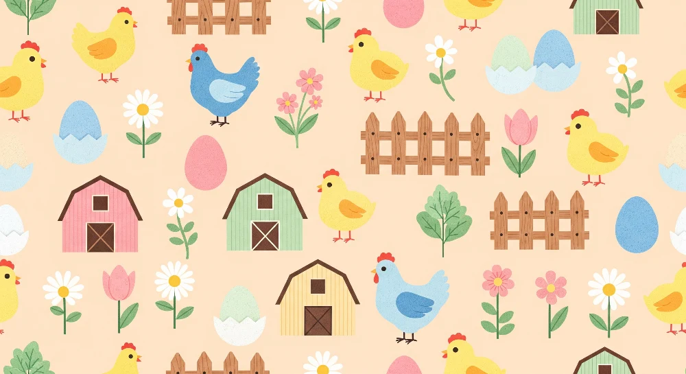 Papier de parede quarto bebê | Encantadoras galinhas e fazenda colorida em fundo suave