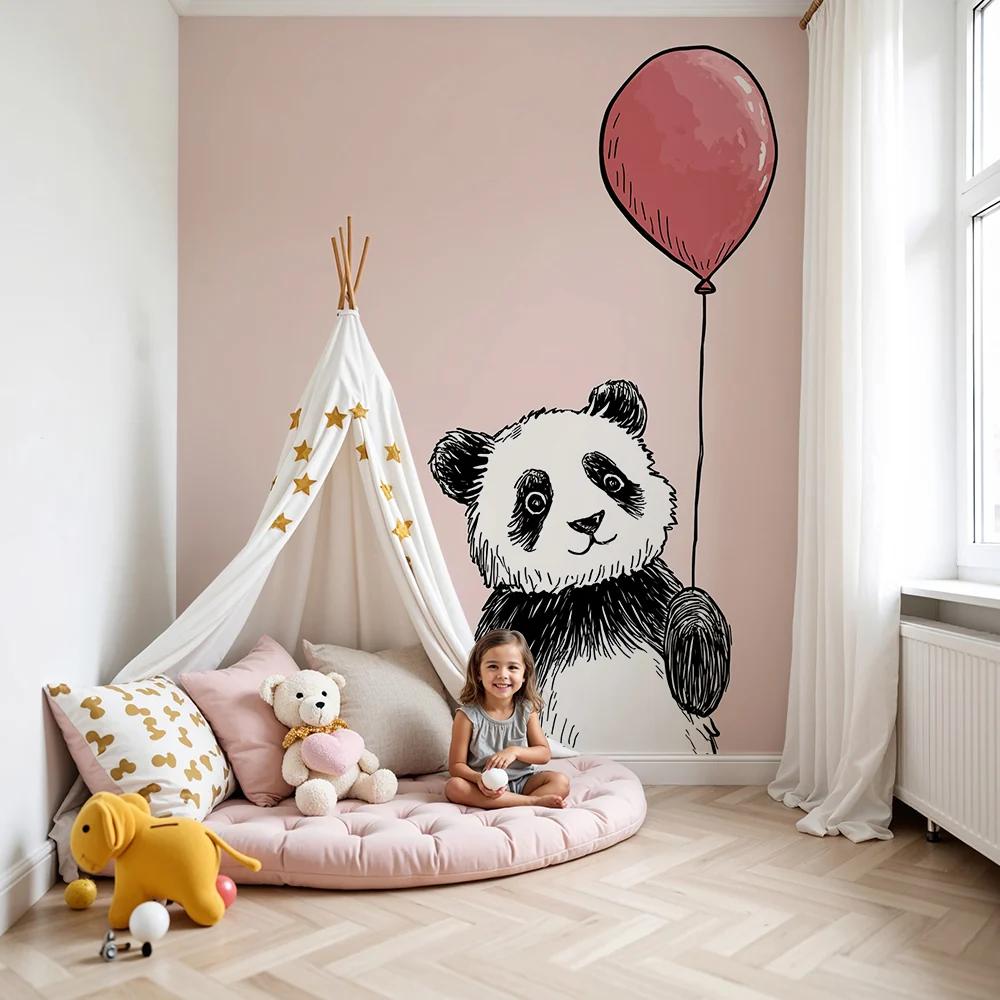 Papier de parede quarto bebê | Fofinho panda segurando um balão rosa em fundo pastel