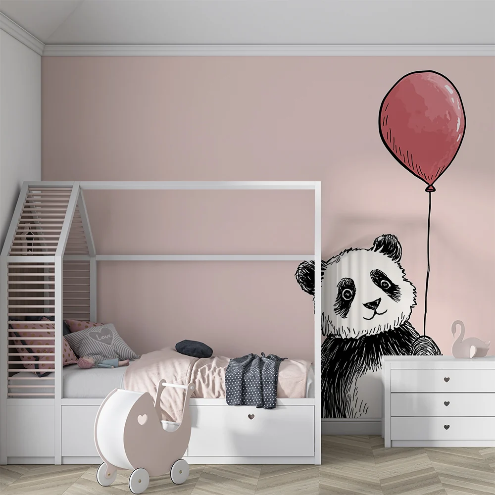 Papier de parede quarto bebê | Fofinho panda segurando um balão rosa em fundo pastel