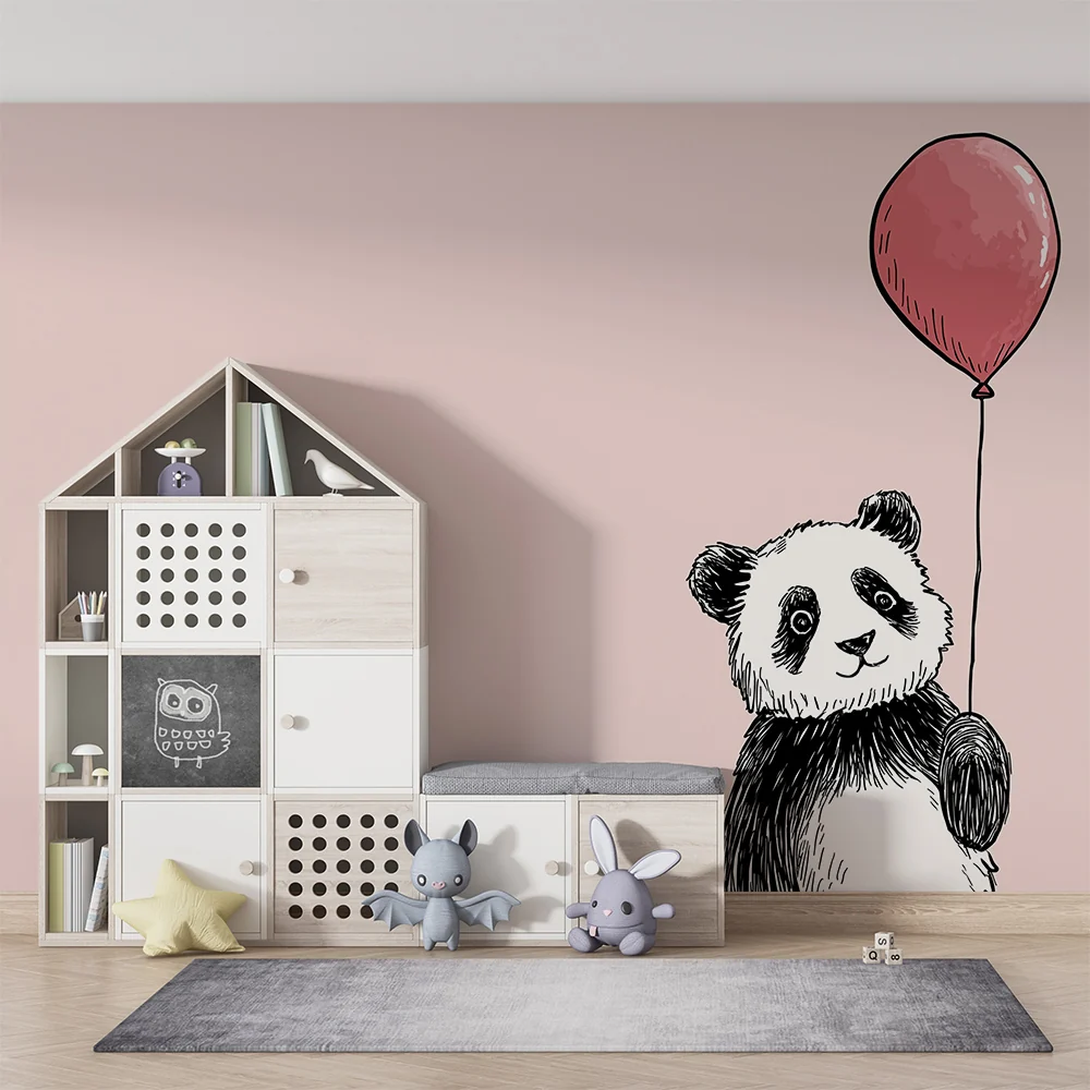 Papier de parede quarto bebê | Fofinho panda segurando um balão rosa em fundo pastel