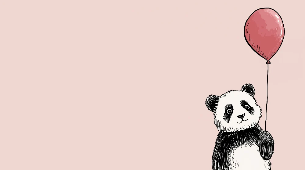 Papier de parede quarto bebê | Fofinho panda segurando um balão rosa em fundo pastel