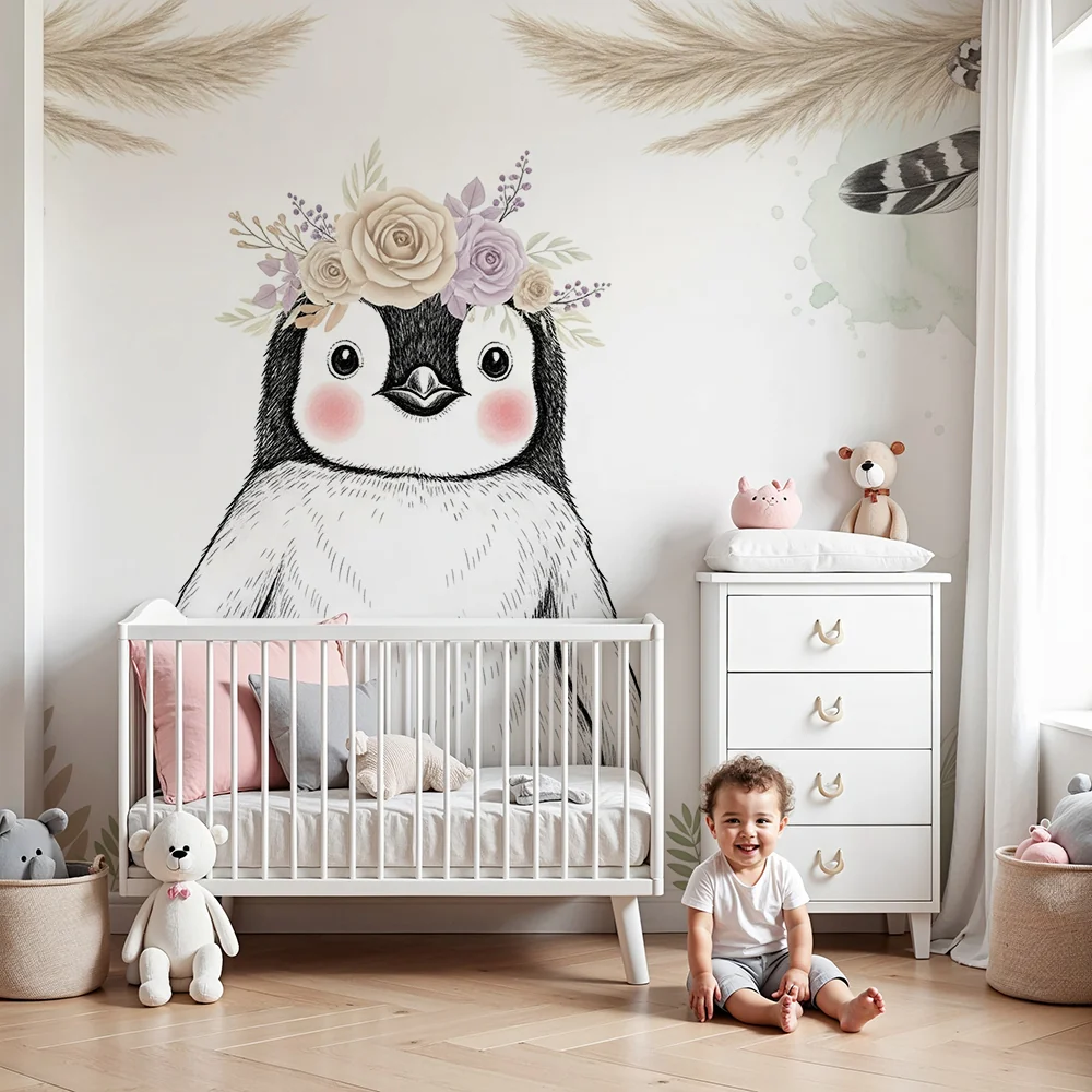 Papier de parede quarto bebê | Ljubazni pingvin s cvjetnom krunom