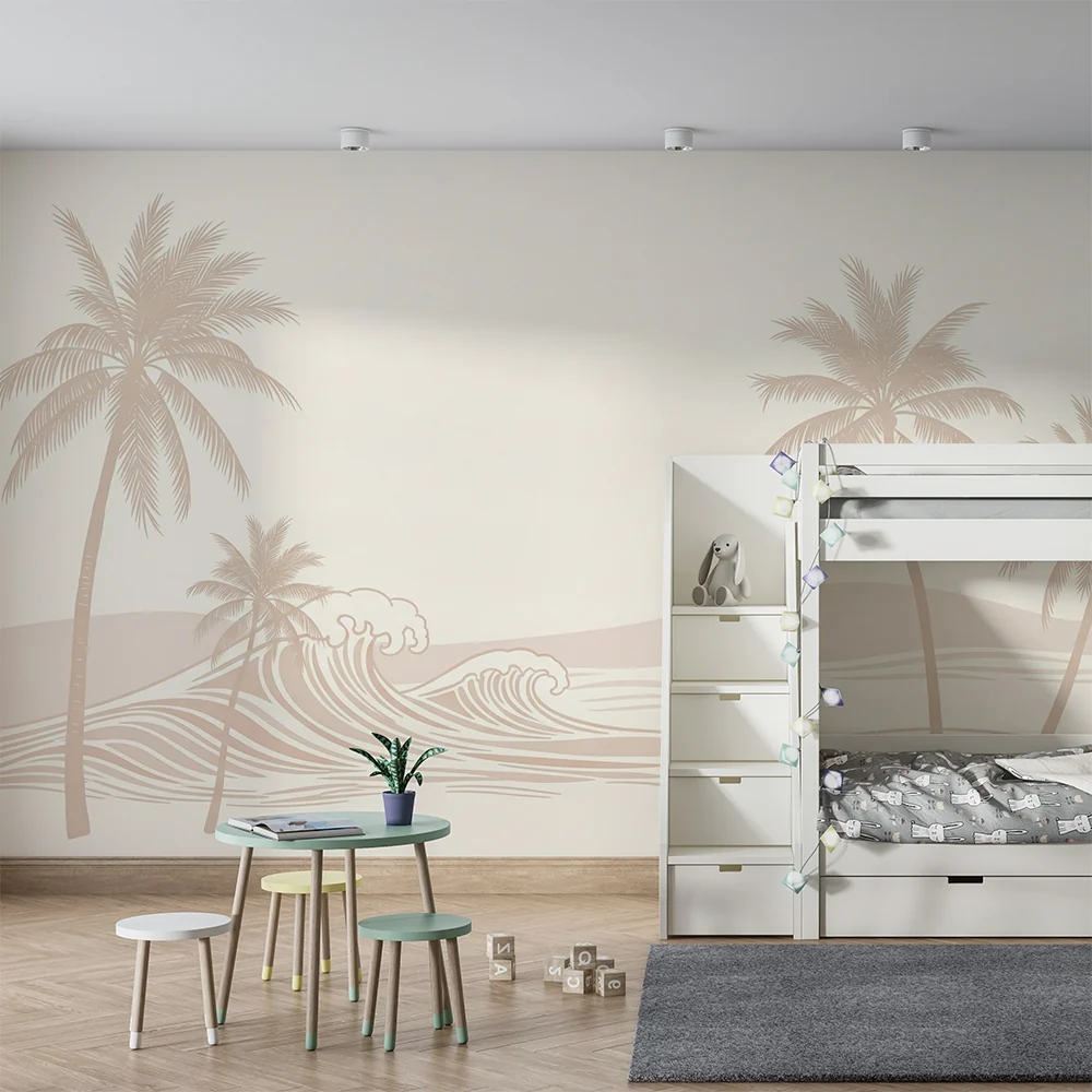 Papier de parede quarto bebê | Mirna plaž s palmama i nježnim valovima