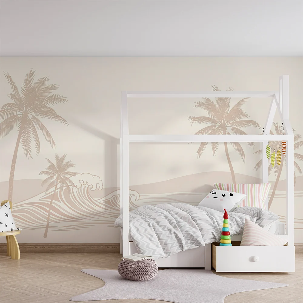 Papier de parede quarto bebê | Mirna plaž s palmama i nježnim valovima