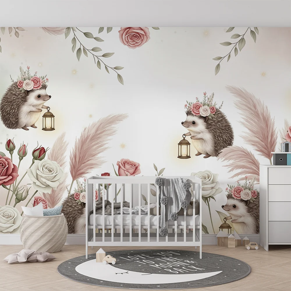 Papier de parede quarto bebê | Ouriços adoráveis com flores e lanternas