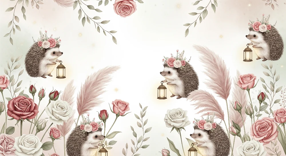Papier de parede quarto bebê | Ouriços adoráveis com flores e lanternas