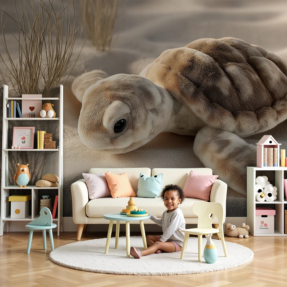 Papier de parede quarto bebê | Pequena tartaruga na areia com ervas delicadas