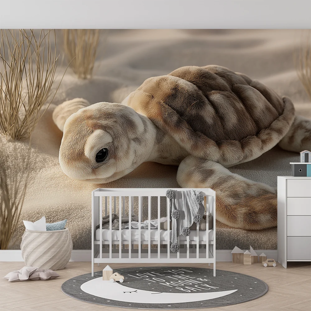 Papier de parede quarto bebê | Pequena tartaruga na areia com ervas delicadas