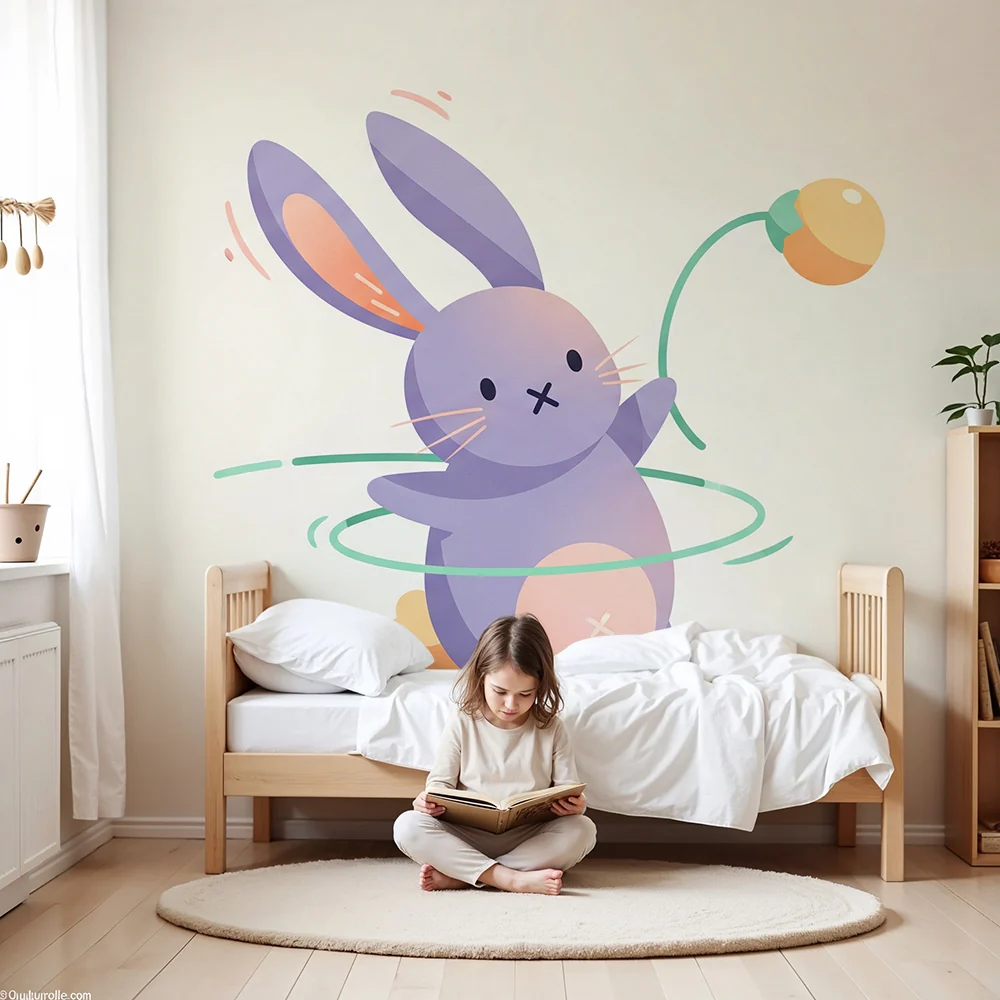 Papier de parede quarto bebê | Plesni ljubičasti zec pleše s šarenom igračkom