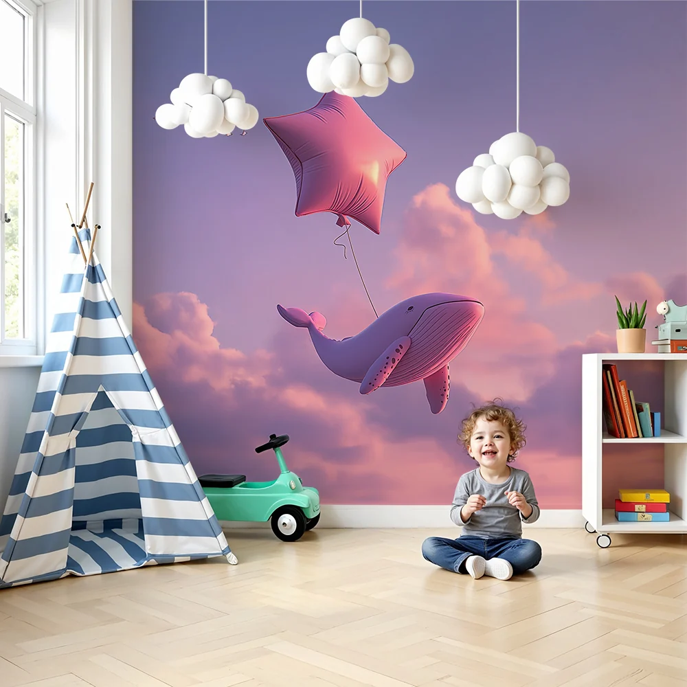 Papier de parede quarto bebê | Ružni kit pluta s zvjezdanim balonom na pastelnom nebu