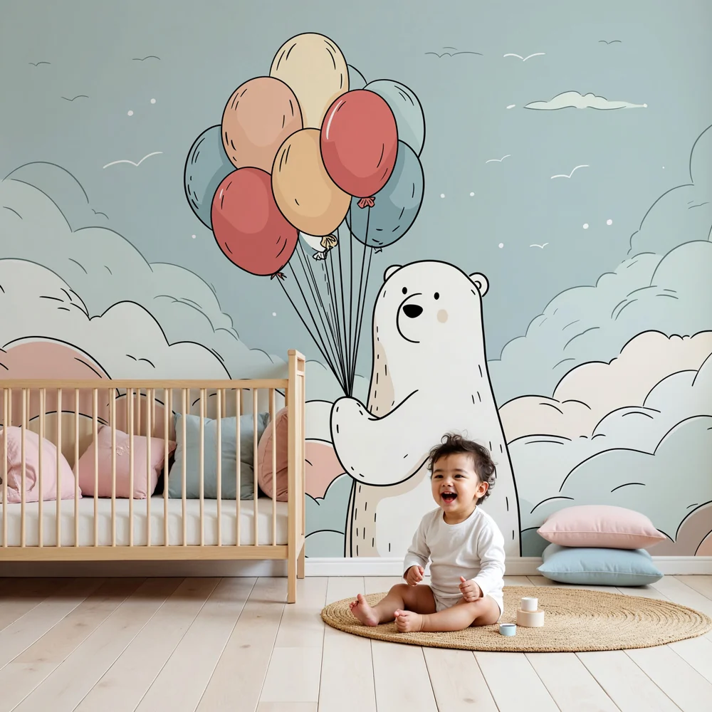 Papier de parede quarto bebê | Sanjivi med medvjedom s balonima u oblacima