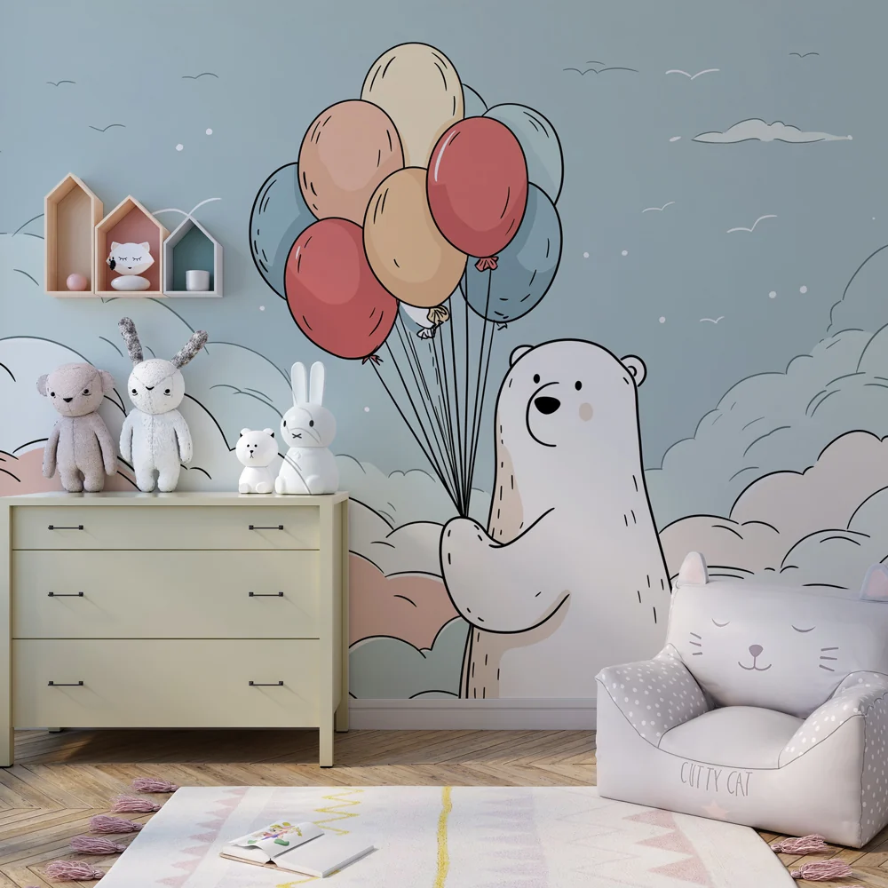 Papier de parede quarto bebê | Sanjivi med medvjedom s balonima u oblacima