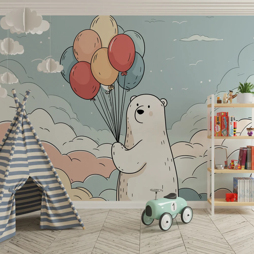 Papier de parede quarto bebê | Sanjivi med medvjedom s balonima u oblacima