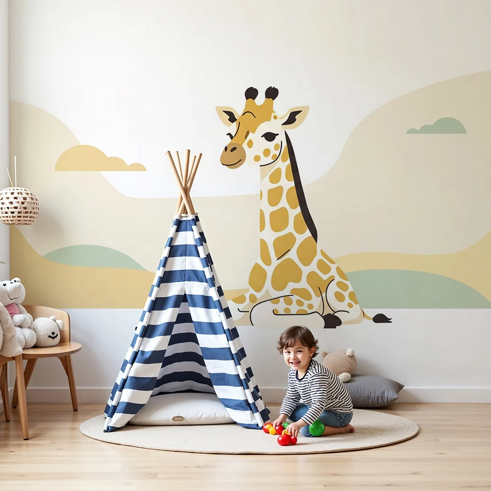 Papier de parede quarto bebê | Simpática girafa em uma paisagem suave e tranquila