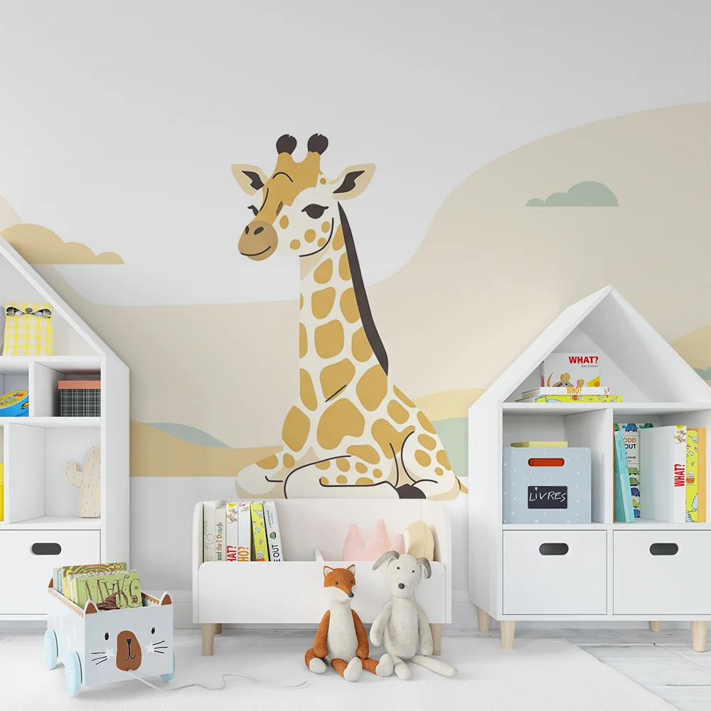 Papier de parede quarto bebê | Simpática girafa em uma paisagem suave e tranquila
