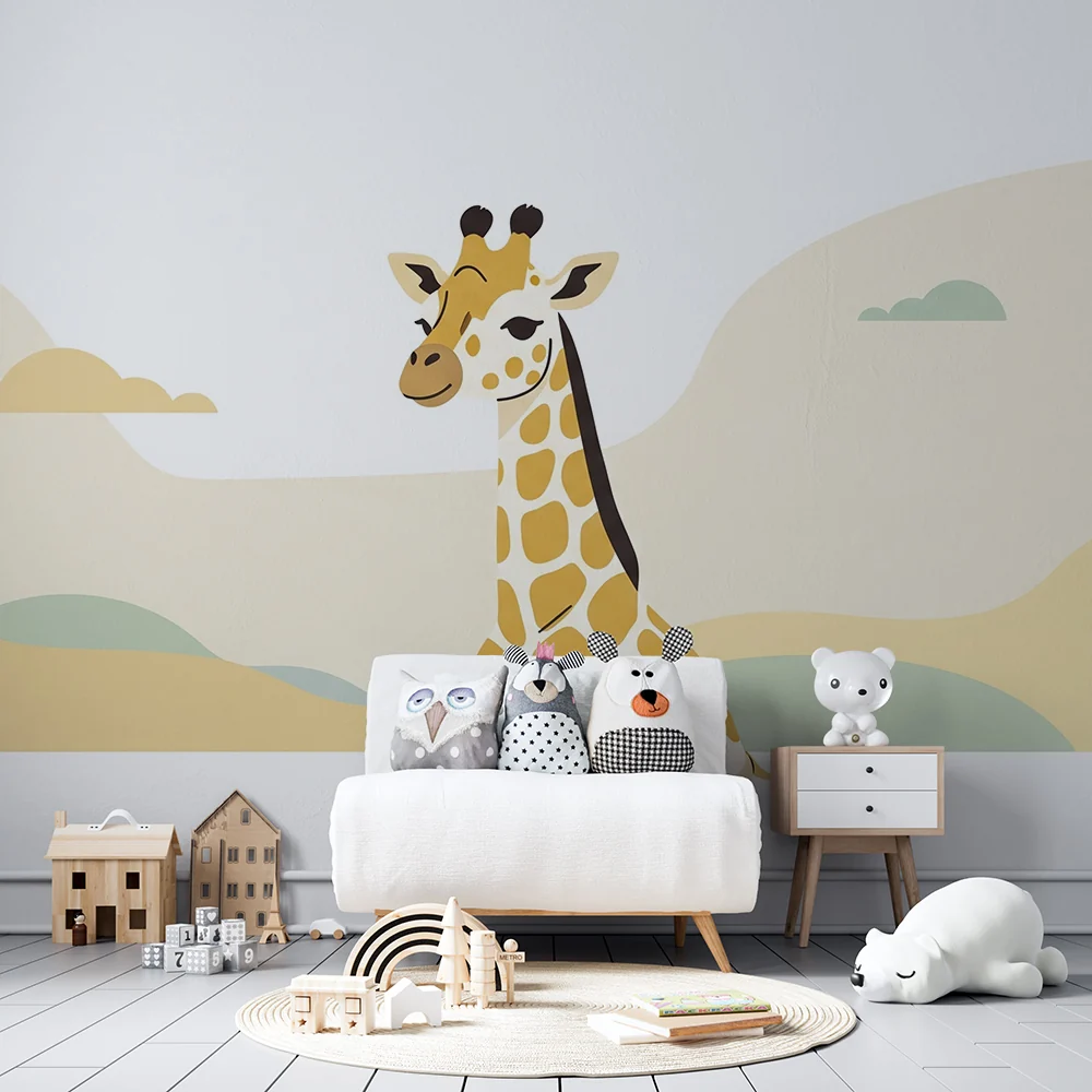 Papier de parede quarto bebê | Simpática girafa em uma paisagem suave e tranquila