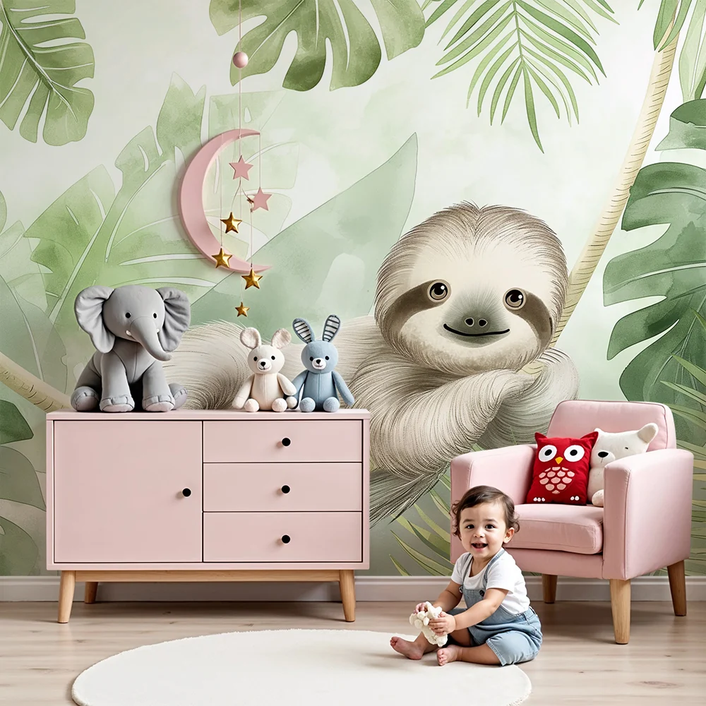 Papier de parede quarto bebê | Simpático preguiçoso em uma selva luxuriante