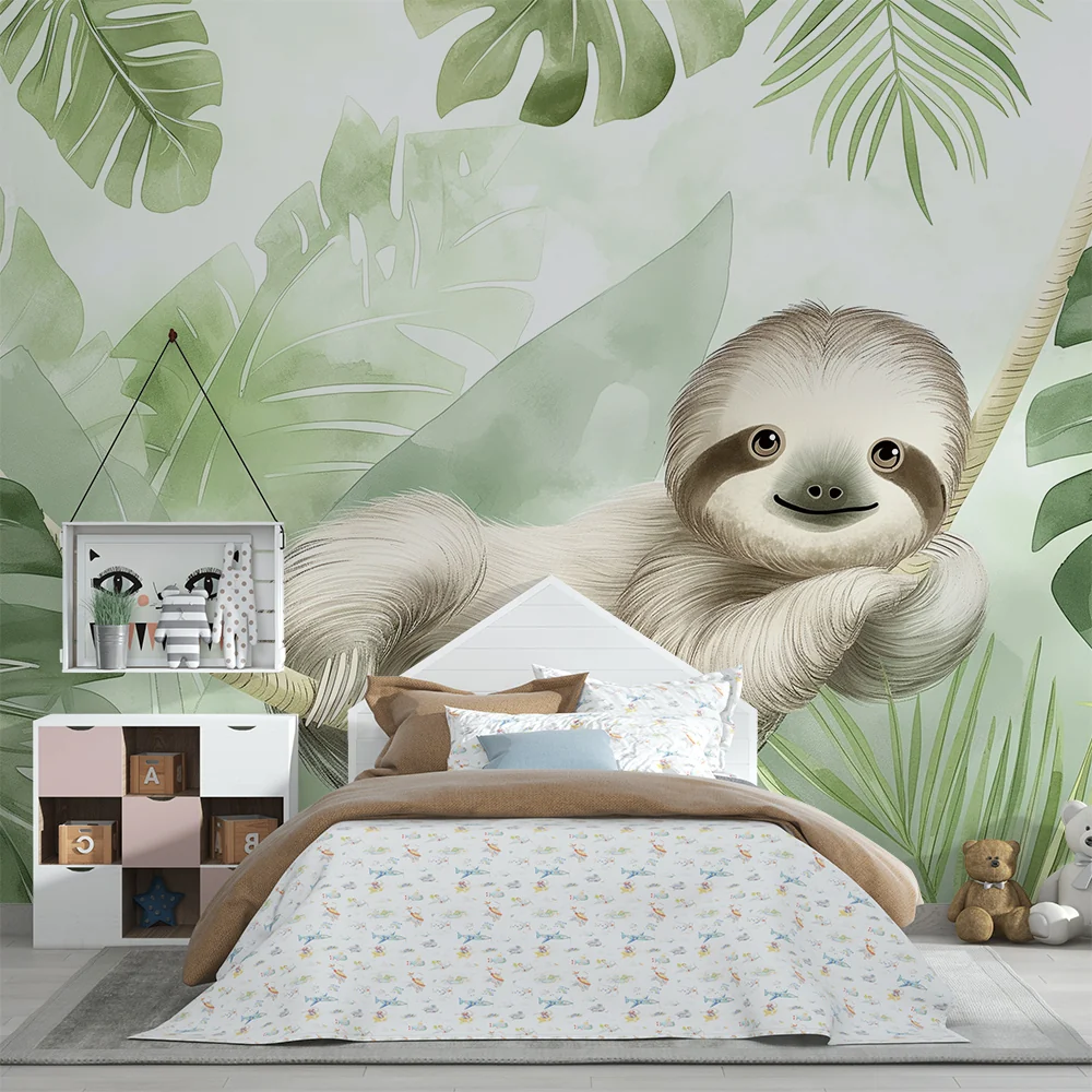 Papier de parede quarto bebê | Simpático preguiçoso em uma selva luxuriante