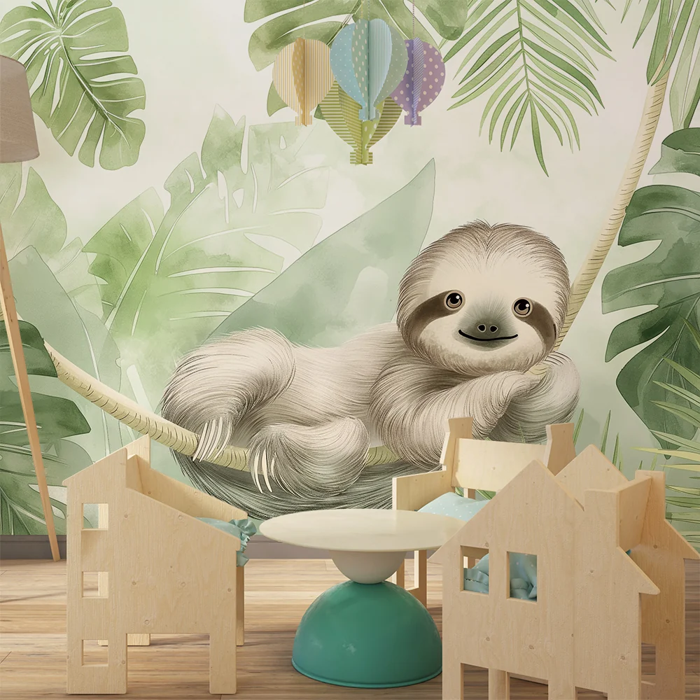 Papier de parede quarto bebê | Simpático preguiçoso em uma selva luxuriante