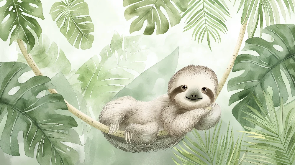Papier de parede quarto bebê | Simpático preguiçoso em uma selva luxuriante