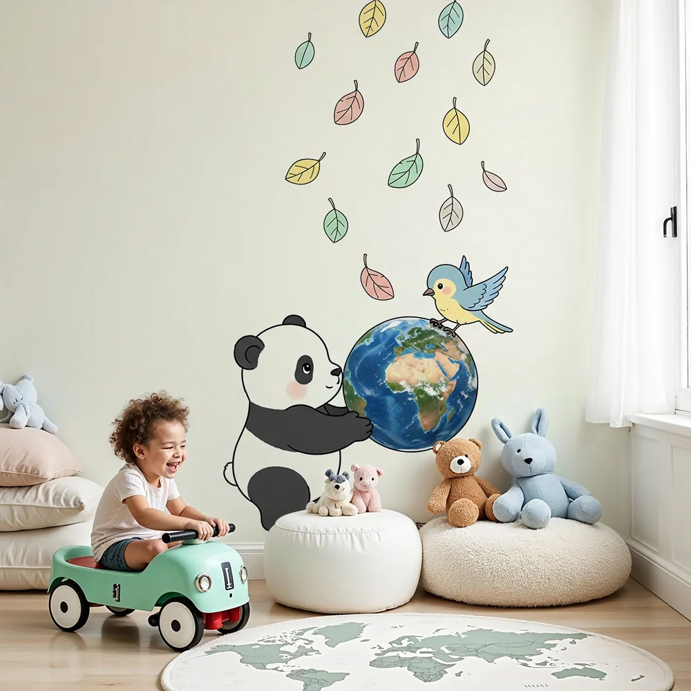 Papier de parede quarto bebê | Sladak panda drži zemljin globus s šarenim pticom