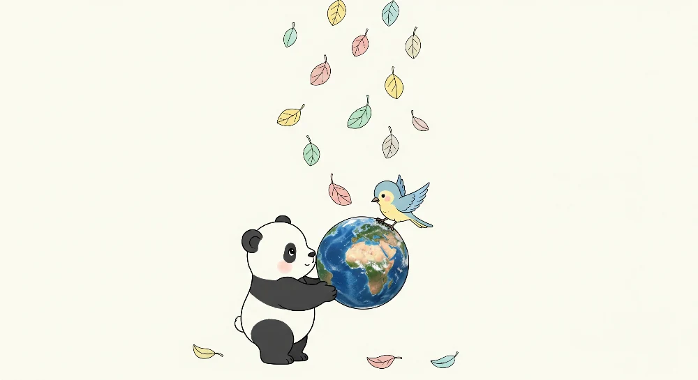Papier de parede quarto bebê | Sladak panda drži zemljin globus s šarenim pticom