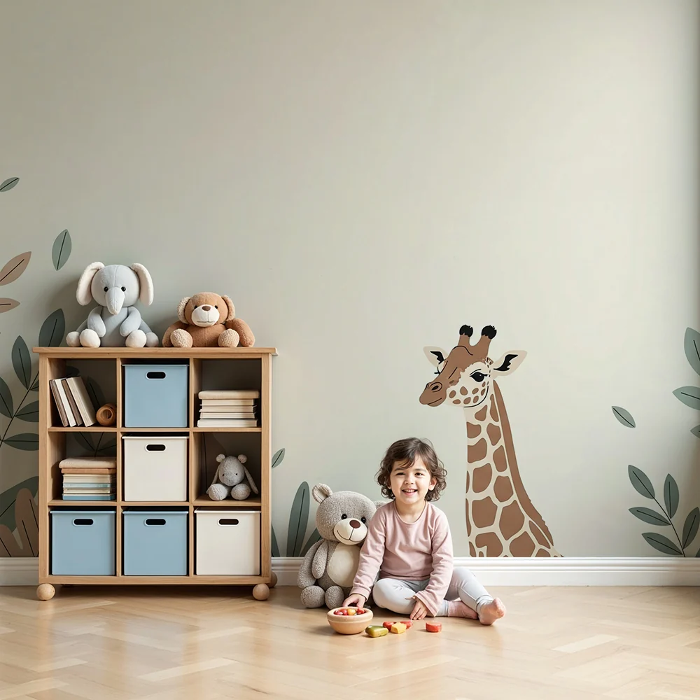 Papier de parede quarto bebê | Suave girafa cercada por folhagem calmante