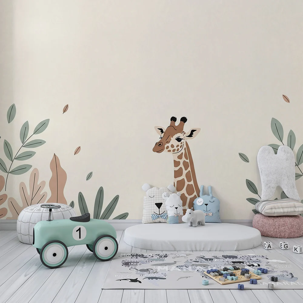 Papier de parede quarto bebê | Suave girafa cercada por folhagem calmante