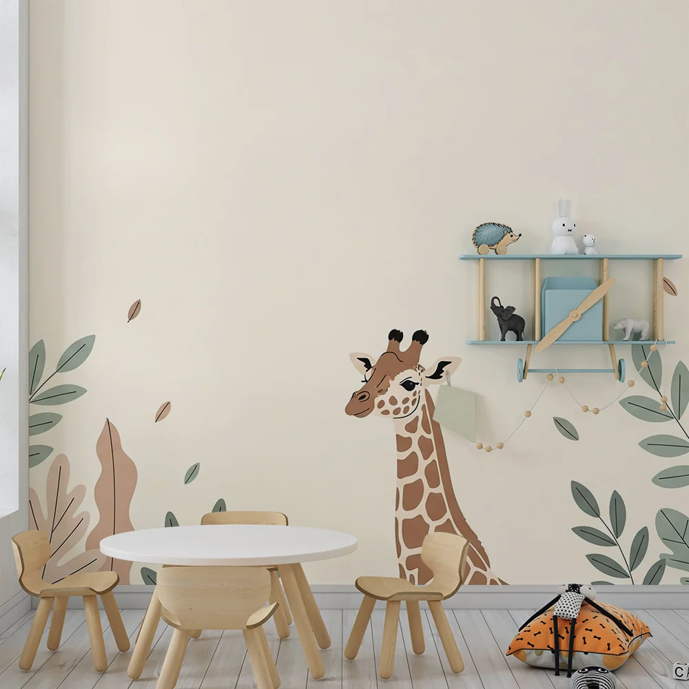 Papier de parede quarto bebê | Suave girafa cercada por folhagem calmante
