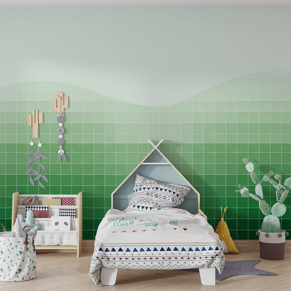 Papier de parede quarto bebê | Suaves ondas verdes e padrões geométricos calmantes