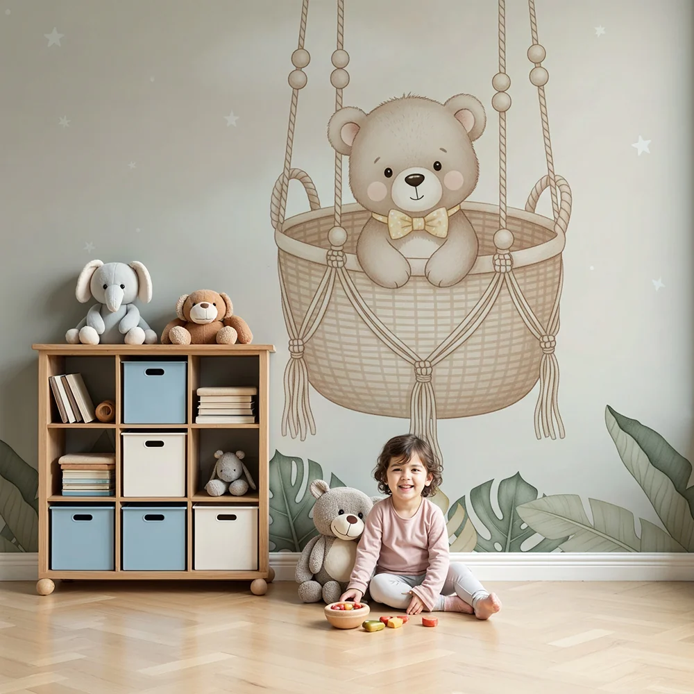Papier de parede quarto bebê | Suspenso de urso e folhagem suave