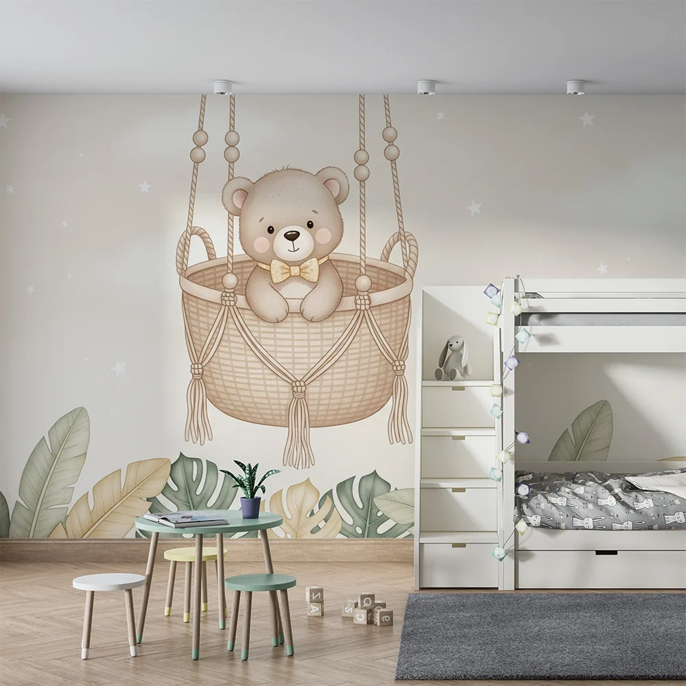 Papier de parede quarto bebê | Suspenso de urso e folhagem suave