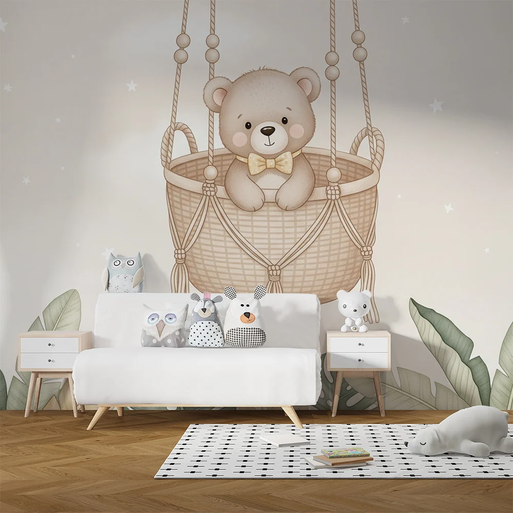 Papier de parede quarto bebê | Suspenso de urso e folhagem suave