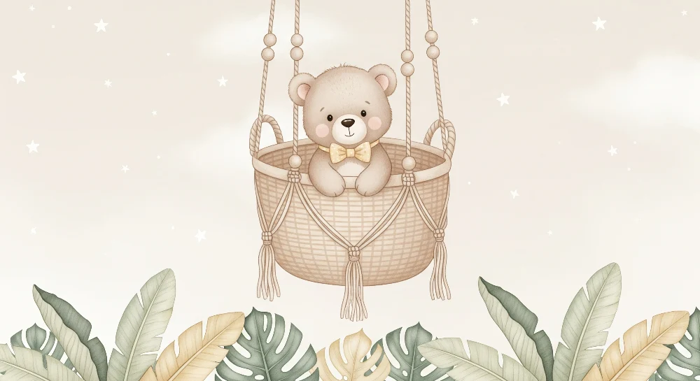 Papier de parede quarto bebê | Suspenso de urso e folhagem suave