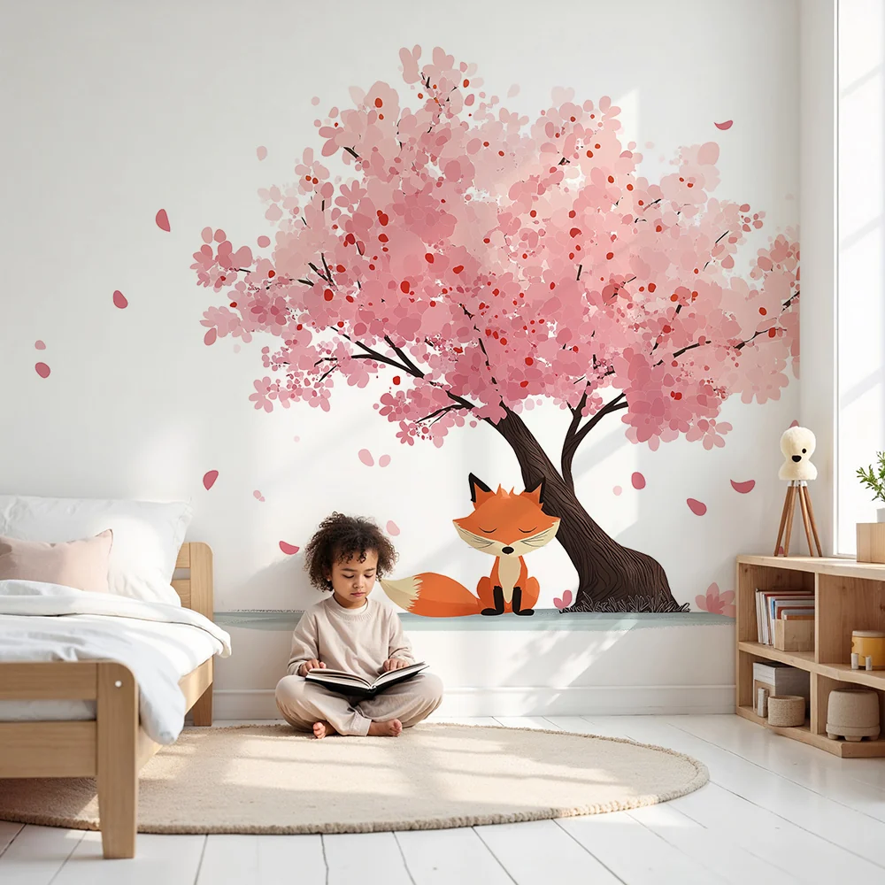 Papier de parede quarto crianç | Bonito raposinho sob uma cerejeira em flor