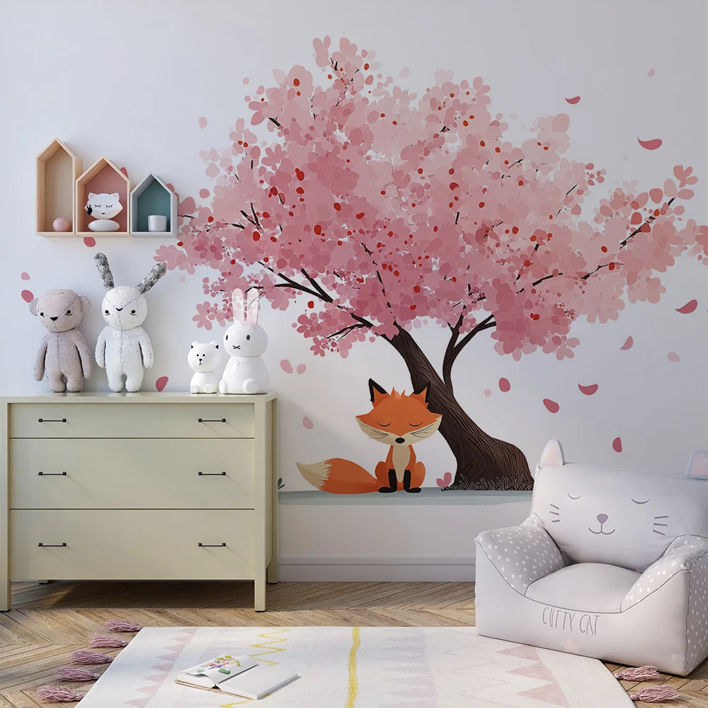 Papier de parede quarto crianç | Bonito raposinho sob uma cerejeira em flor