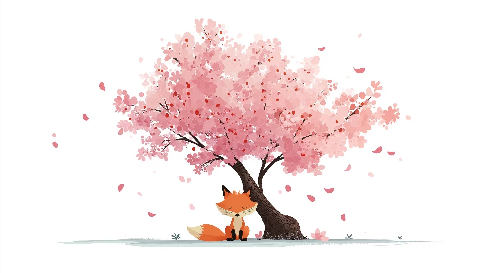 Papier de parede quarto crianç | Bonito raposinho sob uma cerejeira em flor
