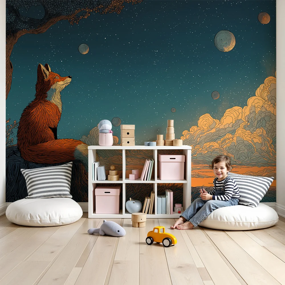 Papier de parede quarto crianç | Contemplative fox under starry sky and distant planets