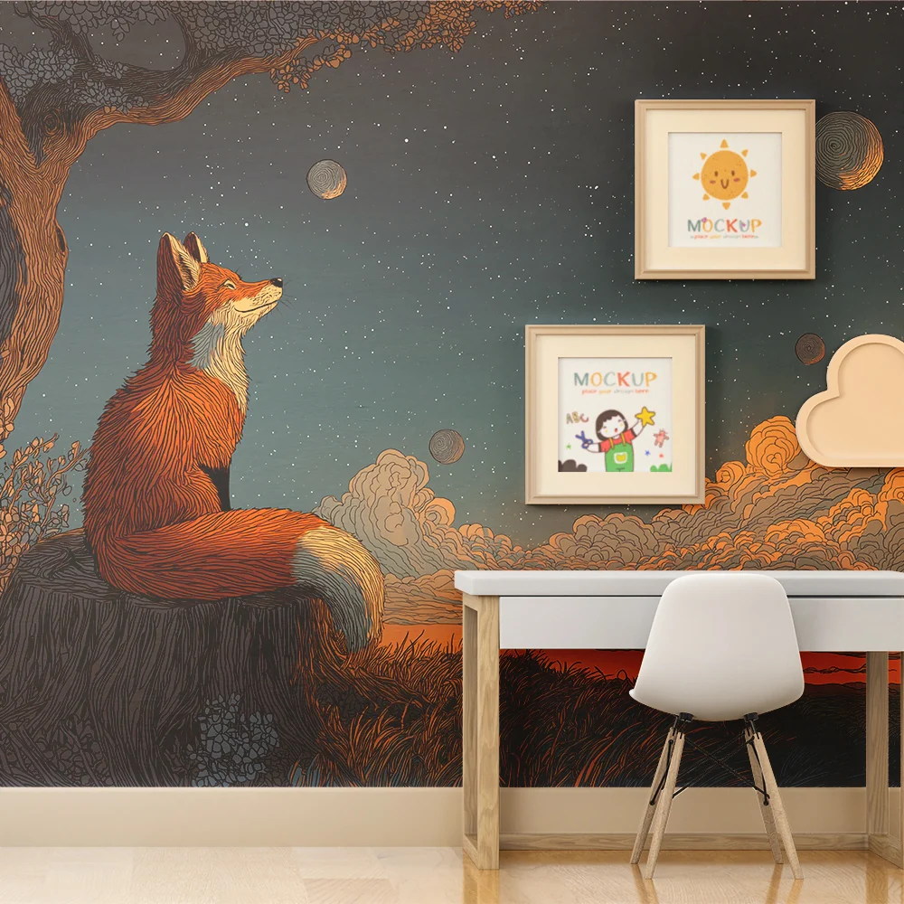 Papier de parede quarto crianç | Contemplative fox under starry sky and distant planets