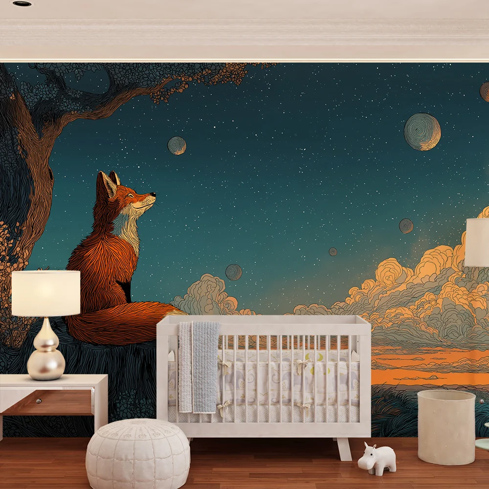 Papier de parede quarto crianç | Contemplative fox under starry sky and distant planets