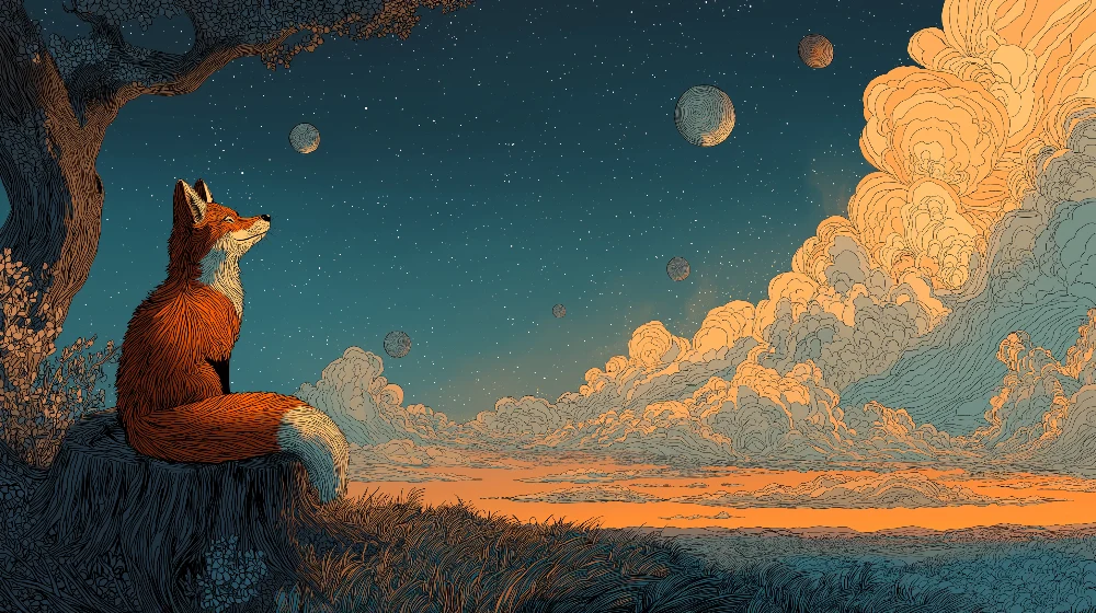 Papier de parede quarto crianç | Contemplative fox under starry sky and distant planets